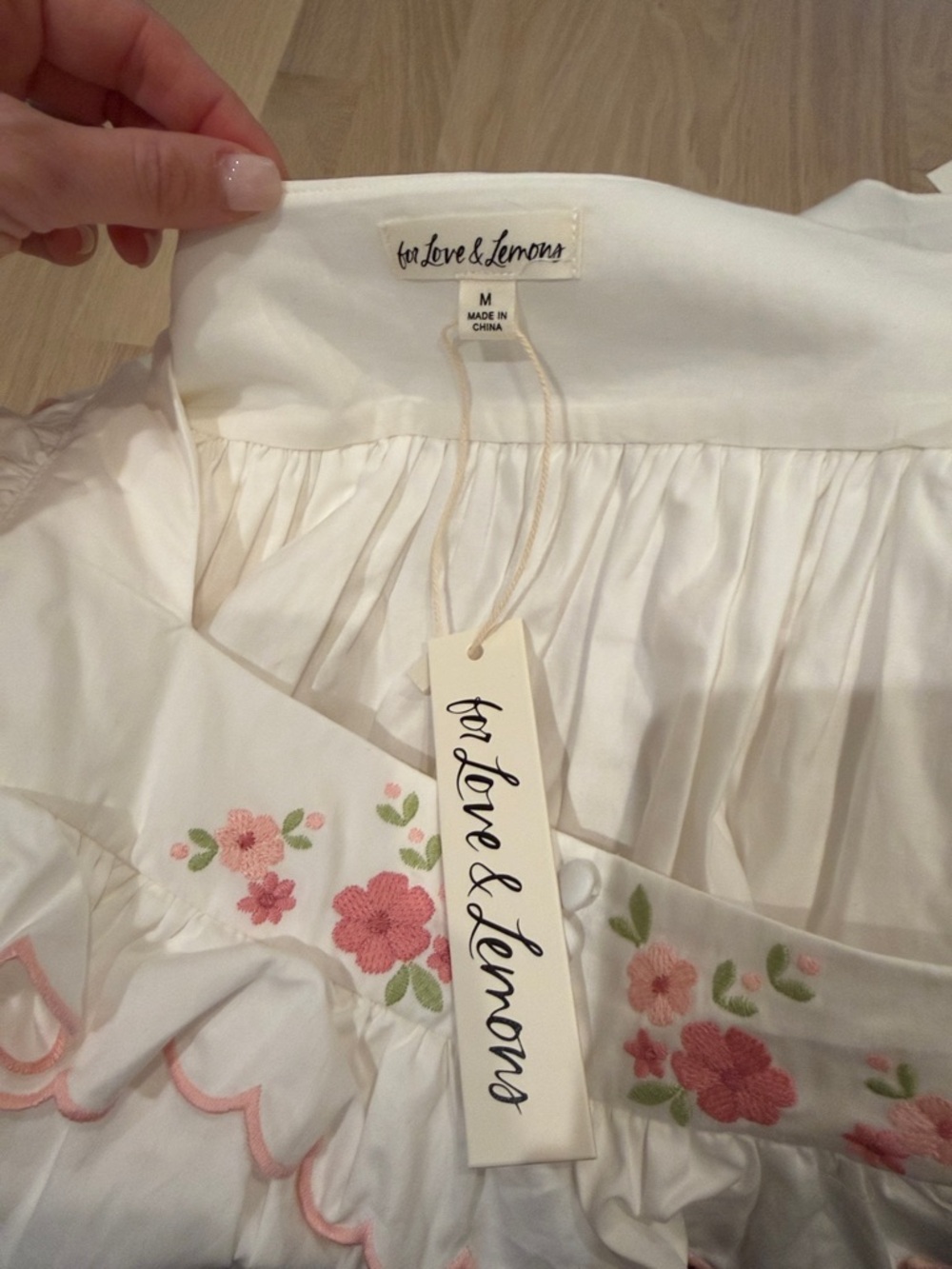 For Love And Lemons White Mini Dress with Pink Floral Embroidery - Picture 2 of 3